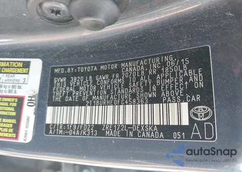 2015 Toyota Corolla S Plus z USA, uszkodzony, nr VIN 2T1BURHE0FC458363